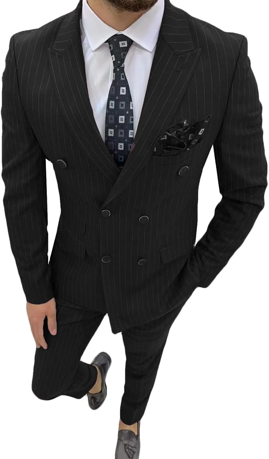 ORBITRAY Men's Slim Fit Double Breasted Pinstripe Casual Suit 2025 Business Wedding Men Suits Six Buttons