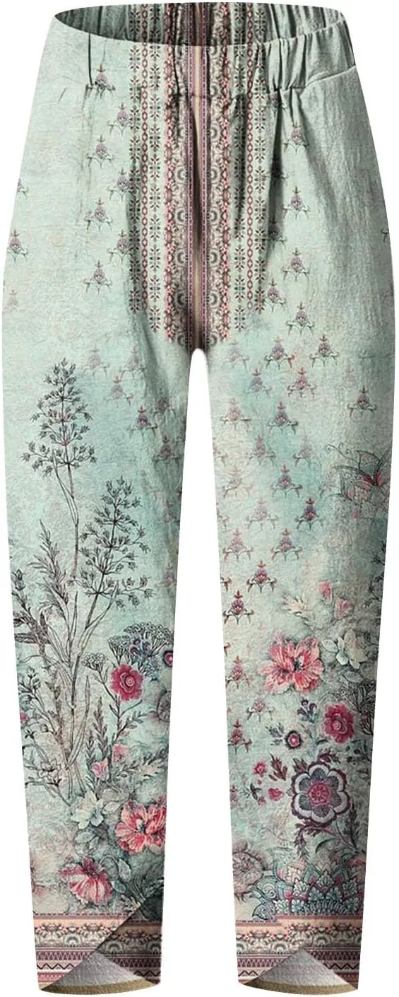 Palazzo Pants for Women Boho Summer Cotton Linen Harem Trousers Casual Wide Leg Elastic Waist Beach Lounge Pants