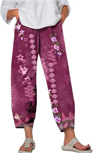 Palazzo Pants for Women Boho Summer Cotton Linen Harem Trousers Casual Wide Leg Elastic Waist Beach Lounge Pants