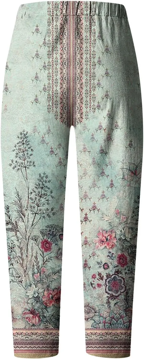 Palazzo Pants for Women Boho Summer Cotton Linen Harem Trousers Casual Wide Leg Elastic Waist Beach Lounge Pants