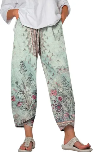 Palazzo Pants for Women Boho Summer Cotton Linen Harem Trousers Casual Wide Leg Elastic Waist Beach Lounge Pants