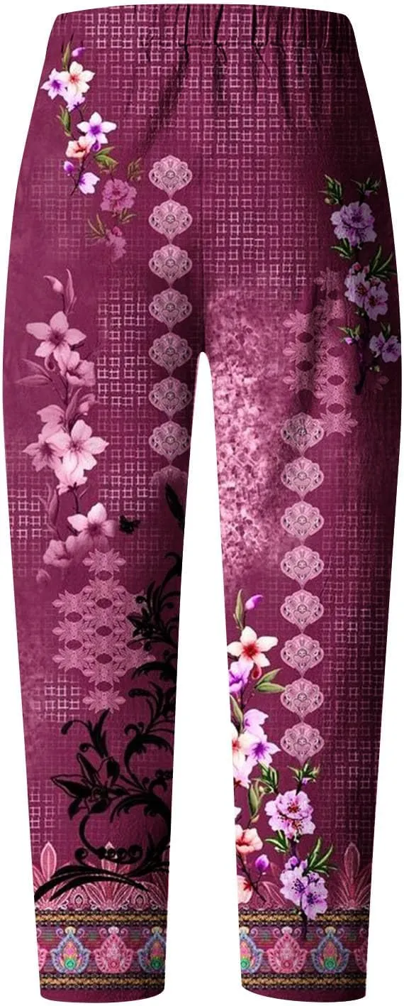 Palazzo Pants for Women Boho Summer Cotton Linen Harem Trousers Casual Wide Leg Elastic Waist Beach Lounge Pants