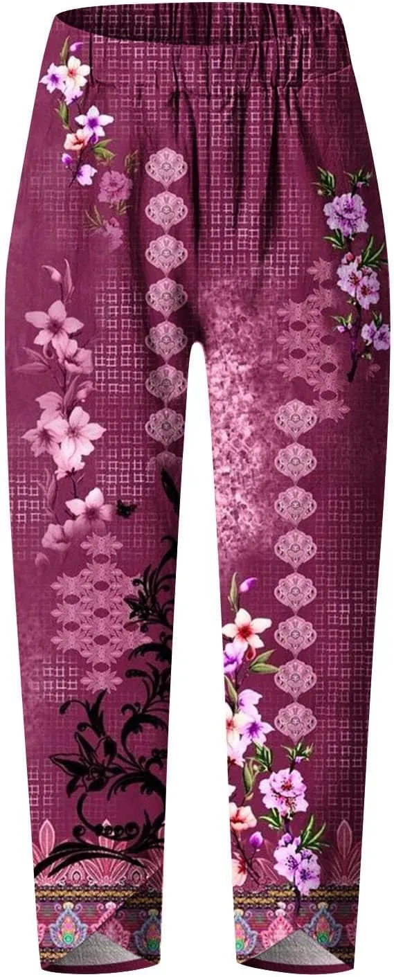 Palazzo Pants for Women Boho Summer Cotton Linen Harem Trousers Casual Wide Leg Elastic Waist Beach Lounge Pants