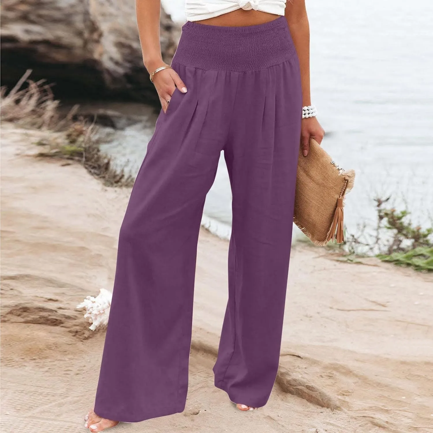 Palazzo Pants for Women Cotton Linen Elastic High Waist Wide Leg Pant Summer Relax Trousers with Pockets