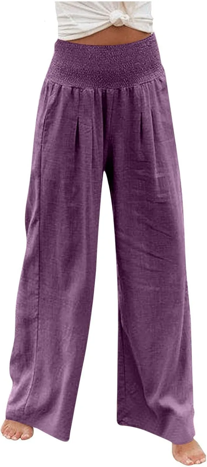 Palazzo Pants for Women Cotton Linen Elastic High Waist Wide Leg Pant Summer Relax Trousers with Pockets