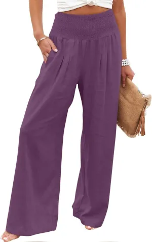 Palazzo Pants for Women Cotton Linen Elastic High Waist Wide Leg Pant Summer Relax Trousers with Pockets