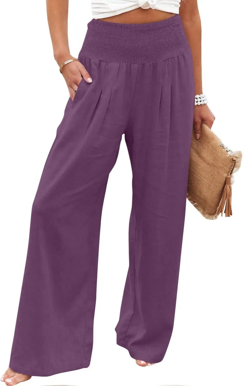 Palazzo Pants for Women Cotton Linen Elastic High Waist Wide Leg Pant Summer Relax Trousers with Pockets
