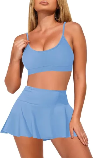 Pink Queen Women's High Waisted Bikini Set Two Piece Swimsuit Scoop Neck Spaghetti Straps Swim Skirt Bathing Suit