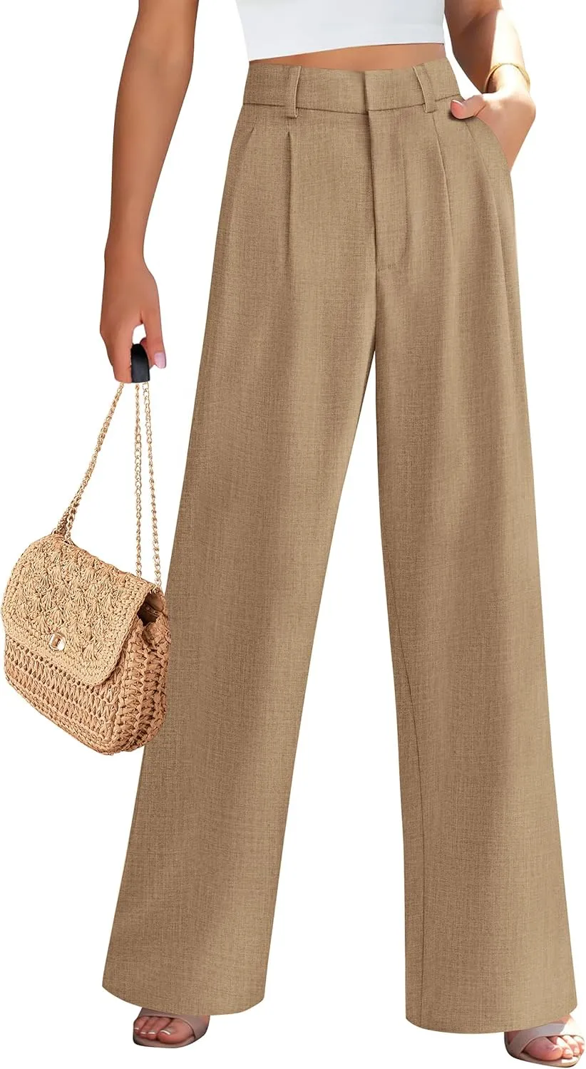 PRETTYGARDEN Women's Summer Elastic High Waisted Work Pants Straight Leg Dressy Business Casual Trousers Slacks Pockets