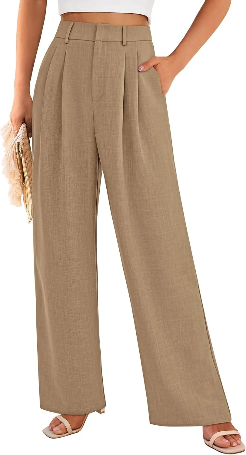 PRETTYGARDEN Women's Summer Elastic High Waisted Work Pants Straight Leg Dressy Business Casual Trousers Slacks Pockets