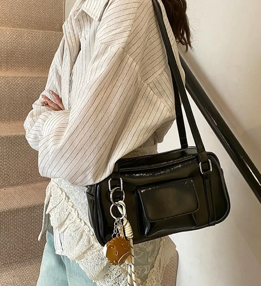 PU Leather Retro Boston Handbag Y2K Shoulder Purses for Women Stylish and Versatile Underarm Bag