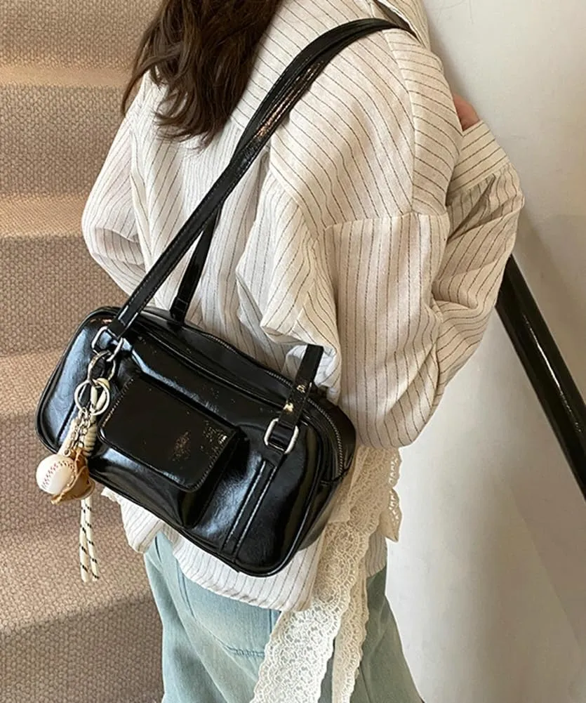 PU Leather Retro Boston Handbag Y2K Shoulder Purses for Women Stylish and Versatile Underarm Bag