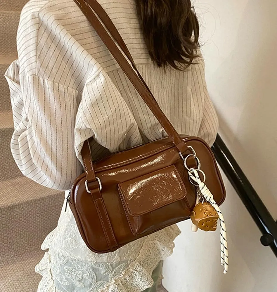 PU Leather Retro Boston Handbag Y2K Shoulder Purses for Women Stylish and Versatile Underarm Bag