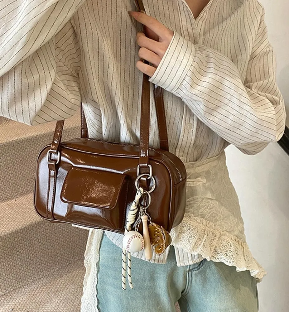 PU Leather Retro Boston Handbag Y2K Shoulder Purses for Women Stylish and Versatile Underarm Bag