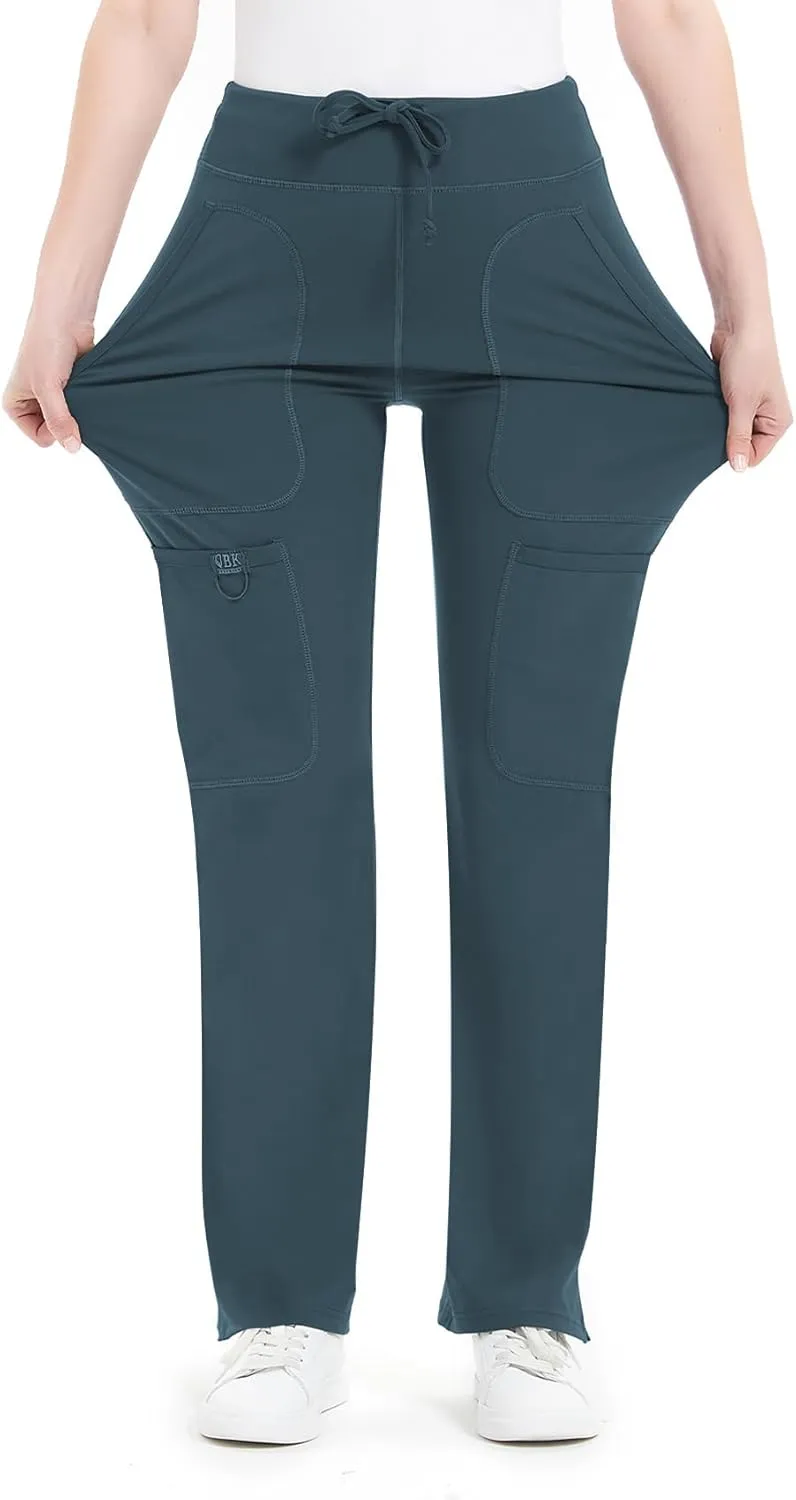 QBK Yoga Scrub Pants Women Mid Rise Yoga Work Pants- Five Pocket Cargo Scrub Pant