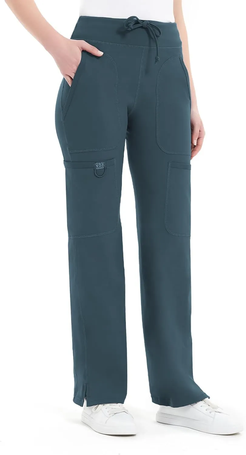 QBK Yoga Scrub Pants Women Mid Rise Yoga Work Pants- Five Pocket Cargo Scrub Pant