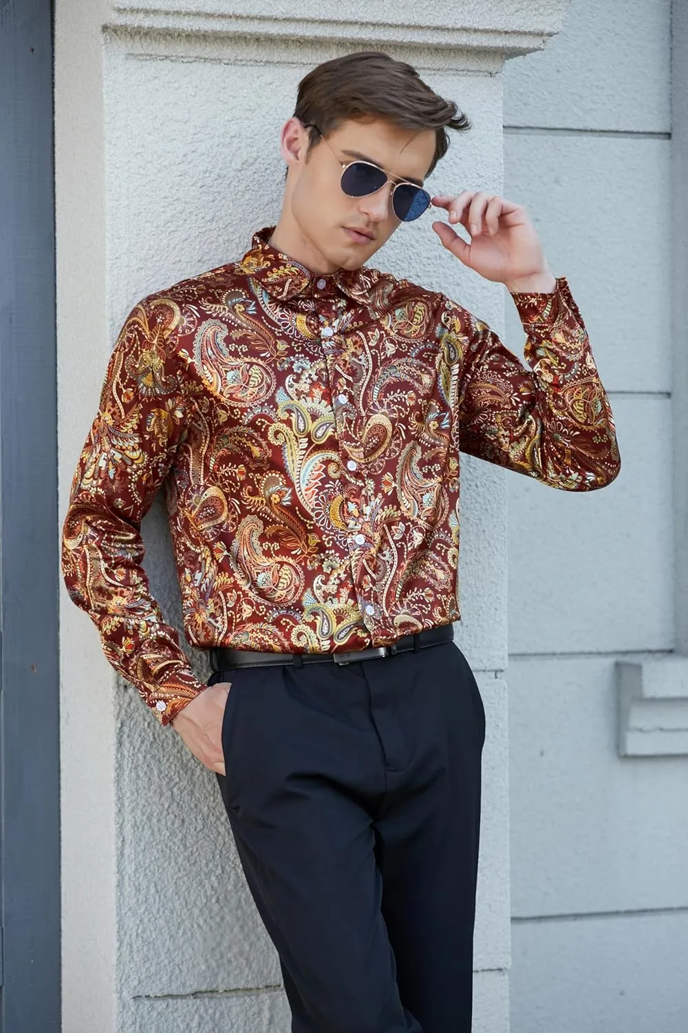 QZH.DUAO Mens 70s Disco Linen Shirts Casual Paisley Tops Floral Vintage Long Sleeve Shirt