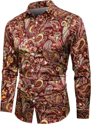 QZH.DUAO Mens 70s Disco Linen Shirts Casual Paisley Tops Floral Vintage Long Sleeve Shirt