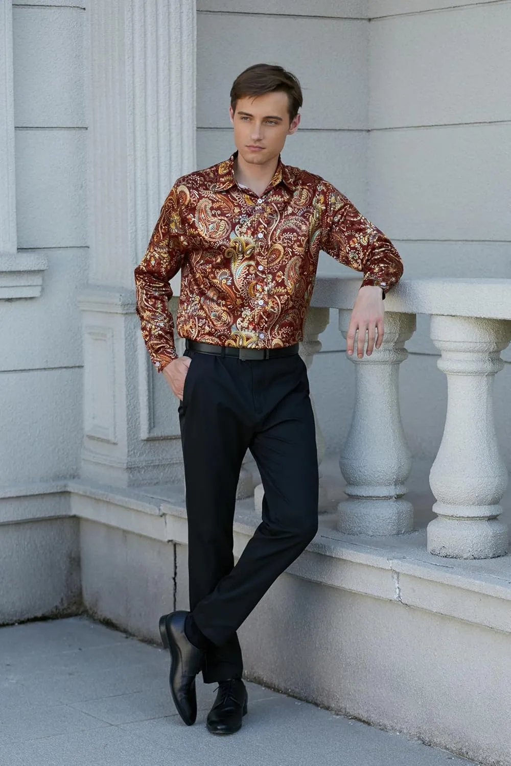 QZH.DUAO Mens 70s Disco Linen Shirts Casual Paisley Tops Floral Vintage Long Sleeve Shirt