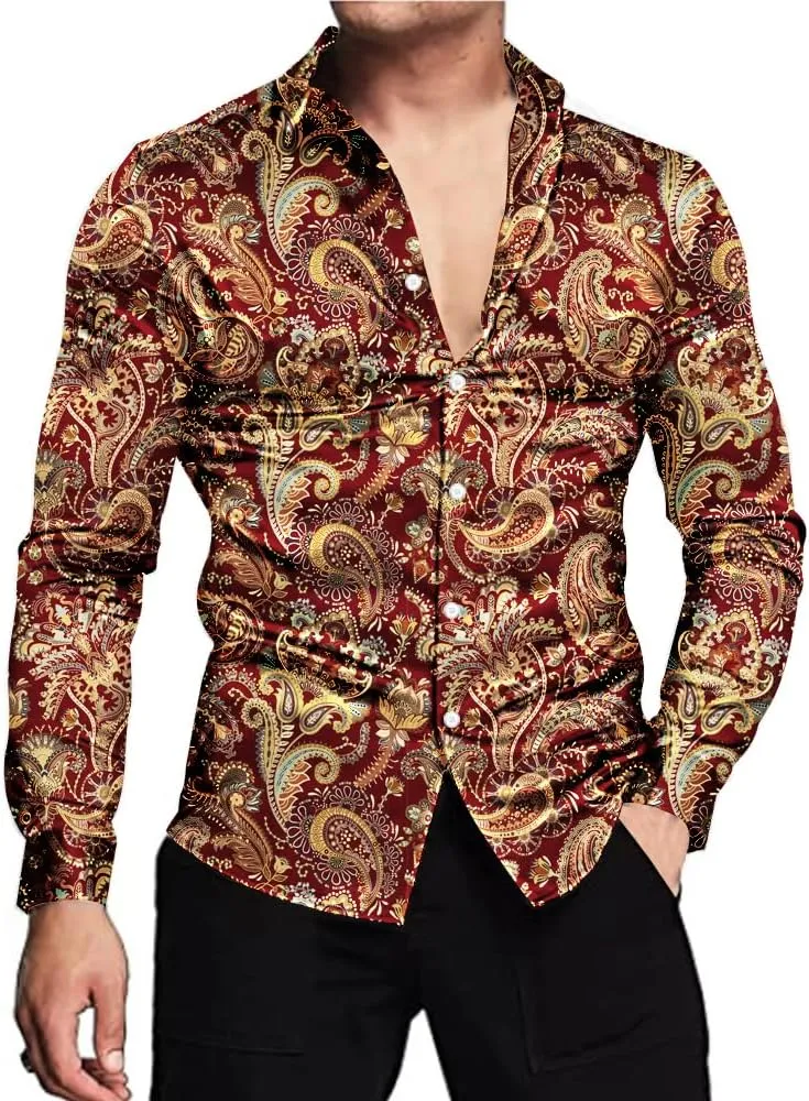 QZH.DUAO Mens 70s Disco Linen Shirts Casual Paisley Tops Floral Vintage Long Sleeve Shirt