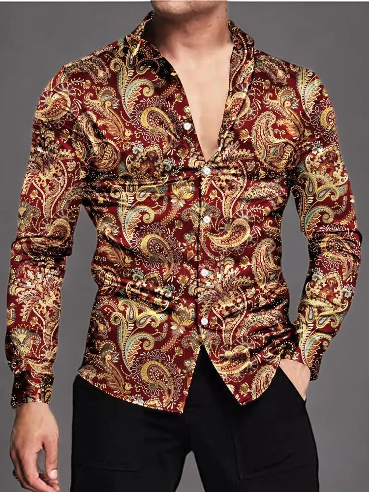 QZH.DUAO Mens 70s Disco Linen Shirts Casual Paisley Tops Floral Vintage Long Sleeve Shirt