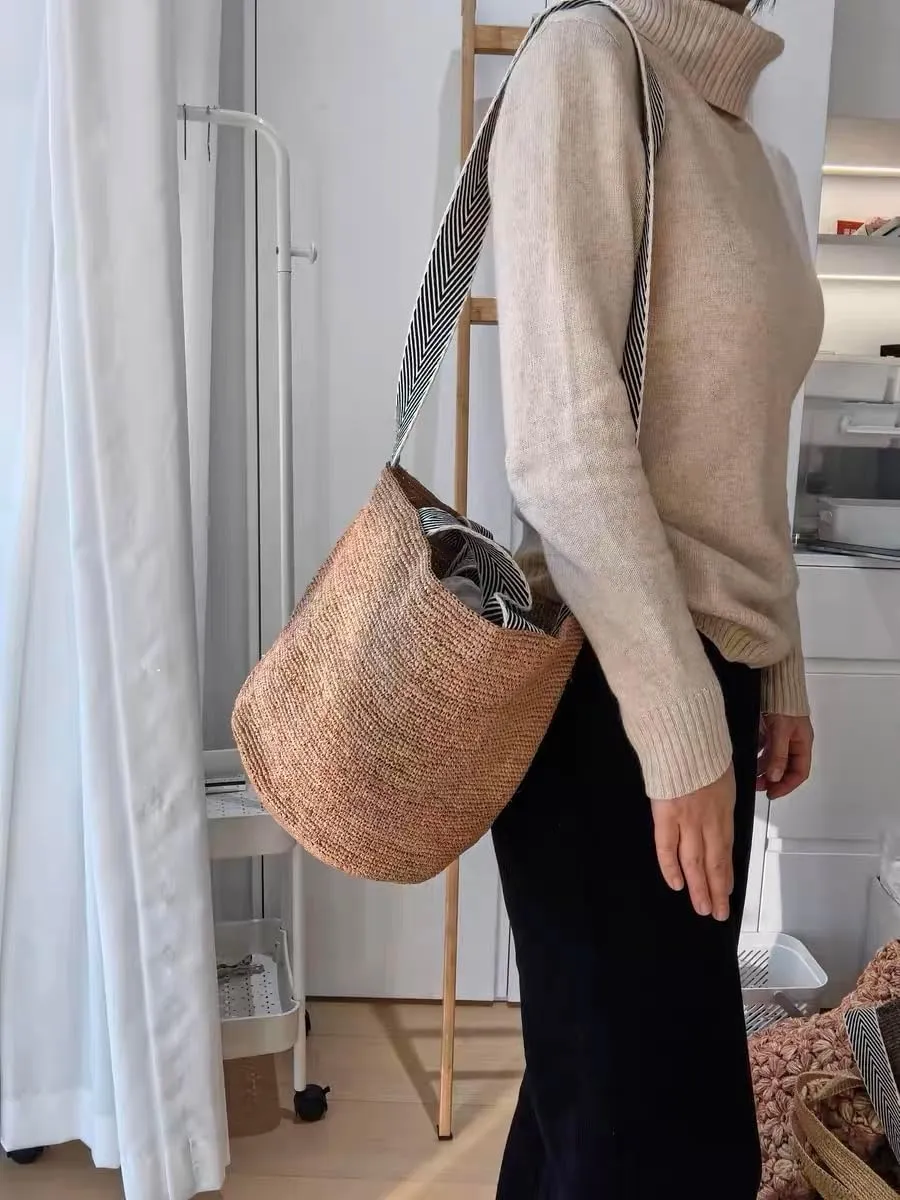 Raffia Straw Woven Handbag Shoulder Crossbody Bucket Bag Beach Vacation Hobo Versatile Crochet Large Capacity Chic Summer
