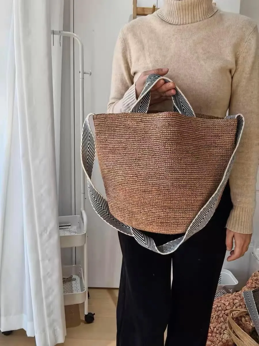 Raffia Straw Woven Handbag Shoulder Crossbody Bucket Bag Beach Vacation Hobo Versatile Crochet Large Capacity Chic Summer