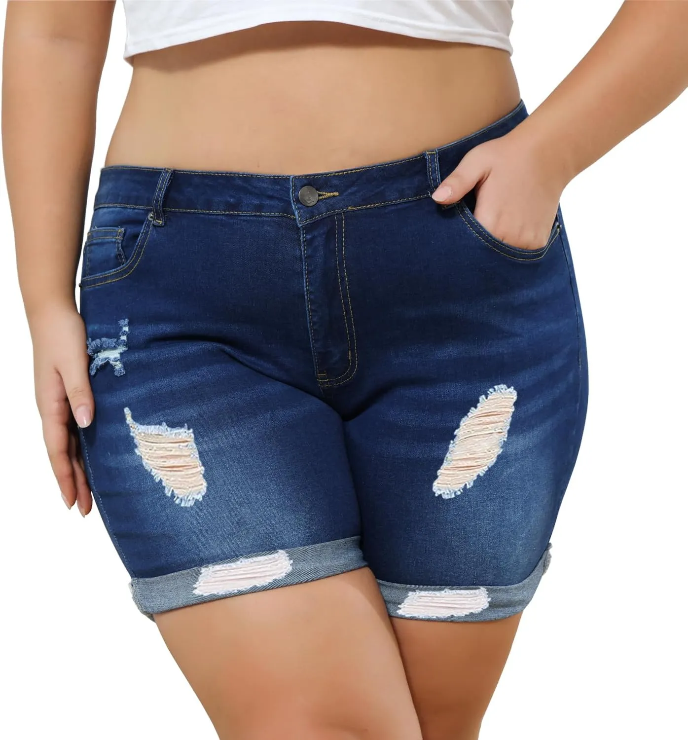 Sghenr Plus Size Women's Ripped Denim Jean Shorts High Waisted Stretchy Folded Hem Short Jeans