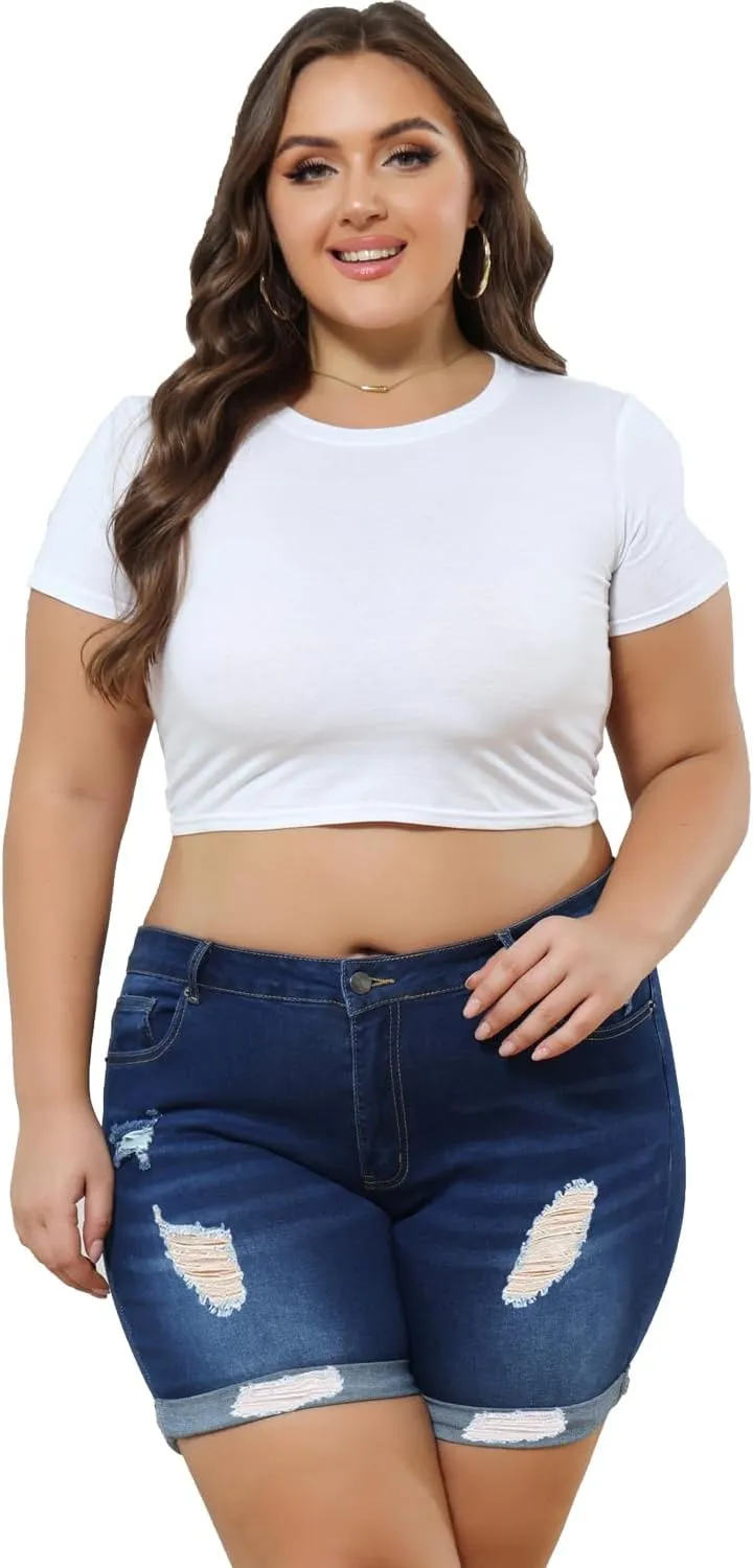 Sghenr Plus Size Women's Ripped Denim Jean Shorts High Waisted Stretchy Folded Hem Short Jeans
