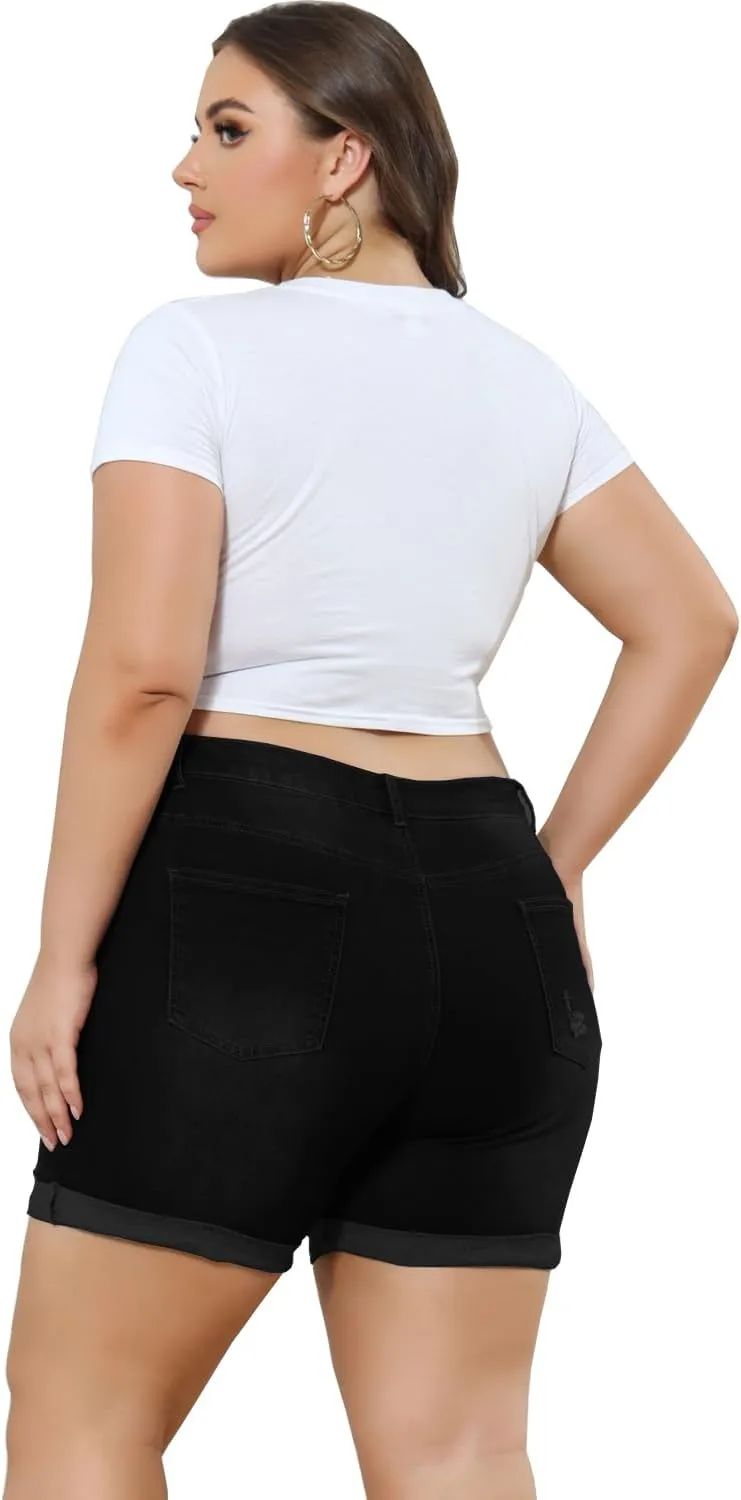 Sghenr Plus Size Women's Ripped Denim Jean Shorts High Waisted Stretchy Folded Hem Short Jeans