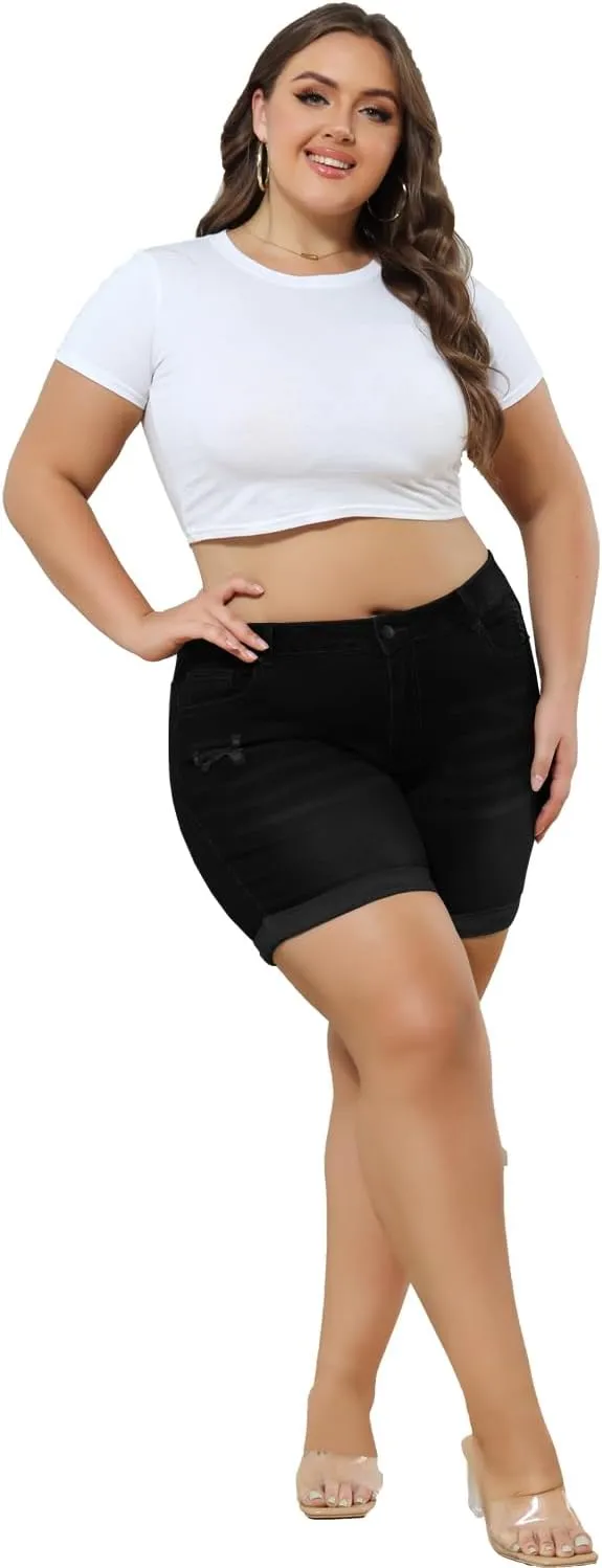 Sghenr Plus Size Women's Ripped Denim Jean Shorts High Waisted Stretchy Folded Hem Short Jeans
