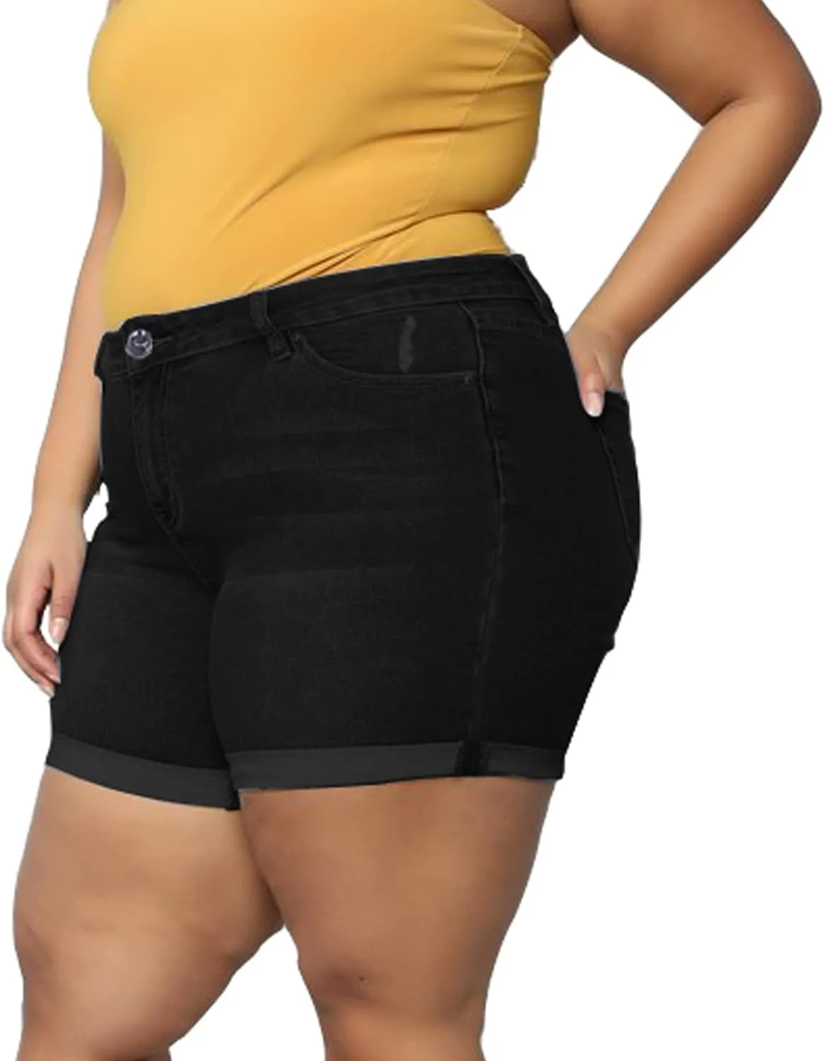 Sghenr Plus Size Women's Ripped Denim Jean Shorts High Waisted Stretchy Folded Hem Short Jeans
