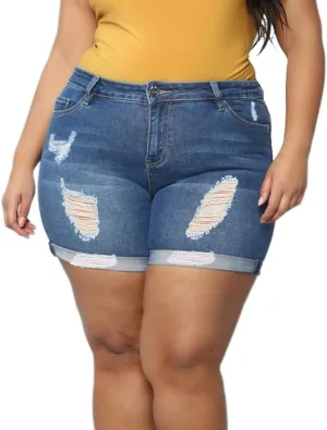 Sghenr Plus Size Women's Ripped Denim Jean Shorts High Waisted Stretchy Folded Hem Short Jeans