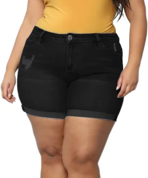 Sghenr Plus Size Women's Ripped Denim Jean Shorts High Waisted Stretchy Folded Hem Short Jeans