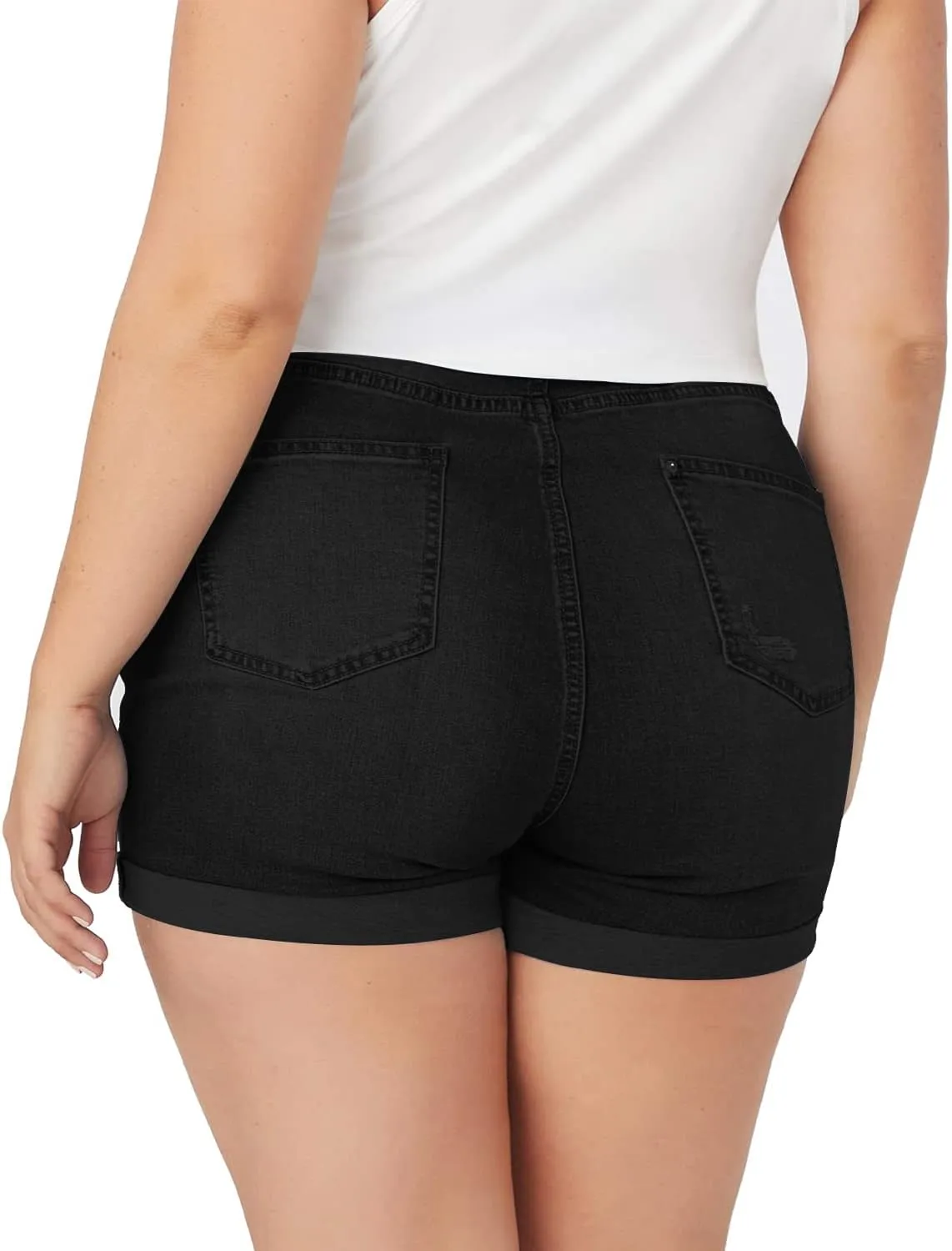 Sghenr Plus Size Women's Ripped Denim Jean Shorts High Waisted Stretchy Folded Hem Short Jeans