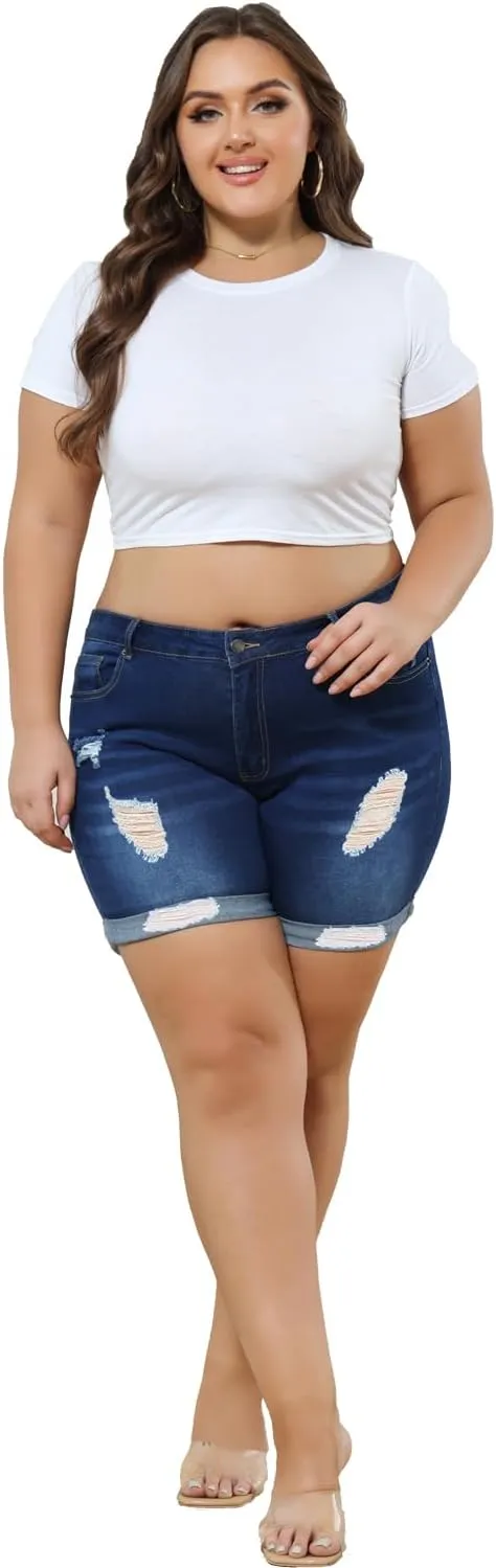 Sghenr Plus Size Women's Ripped Denim Jean Shorts High Waisted Stretchy Folded Hem Short Jeans