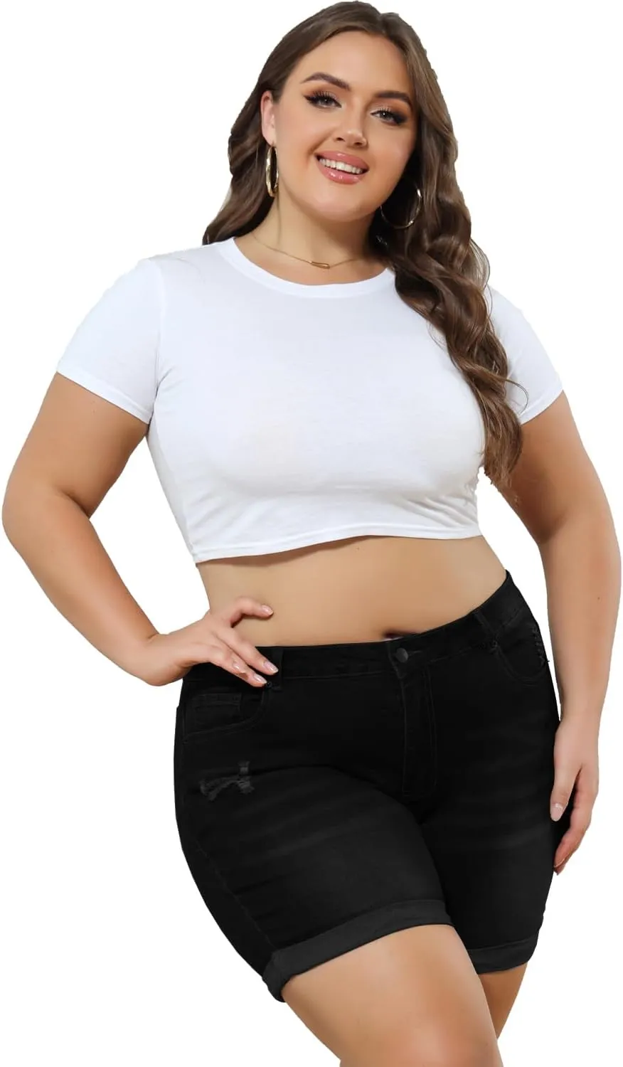 Sghenr Plus Size Women's Ripped Denim Jean Shorts High Waisted Stretchy Folded Hem Short Jeans