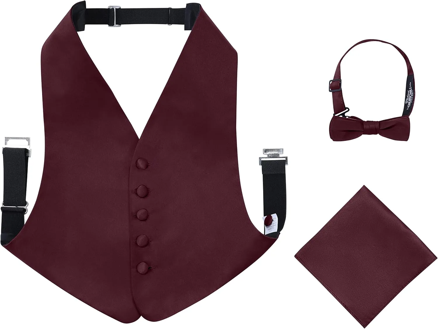 S.H. Churchill & Co. Boys 3 Piece Backless Formal Vest Set  Includes Vest, Bow Tie, Pocket Square for Tuxedo or Suit