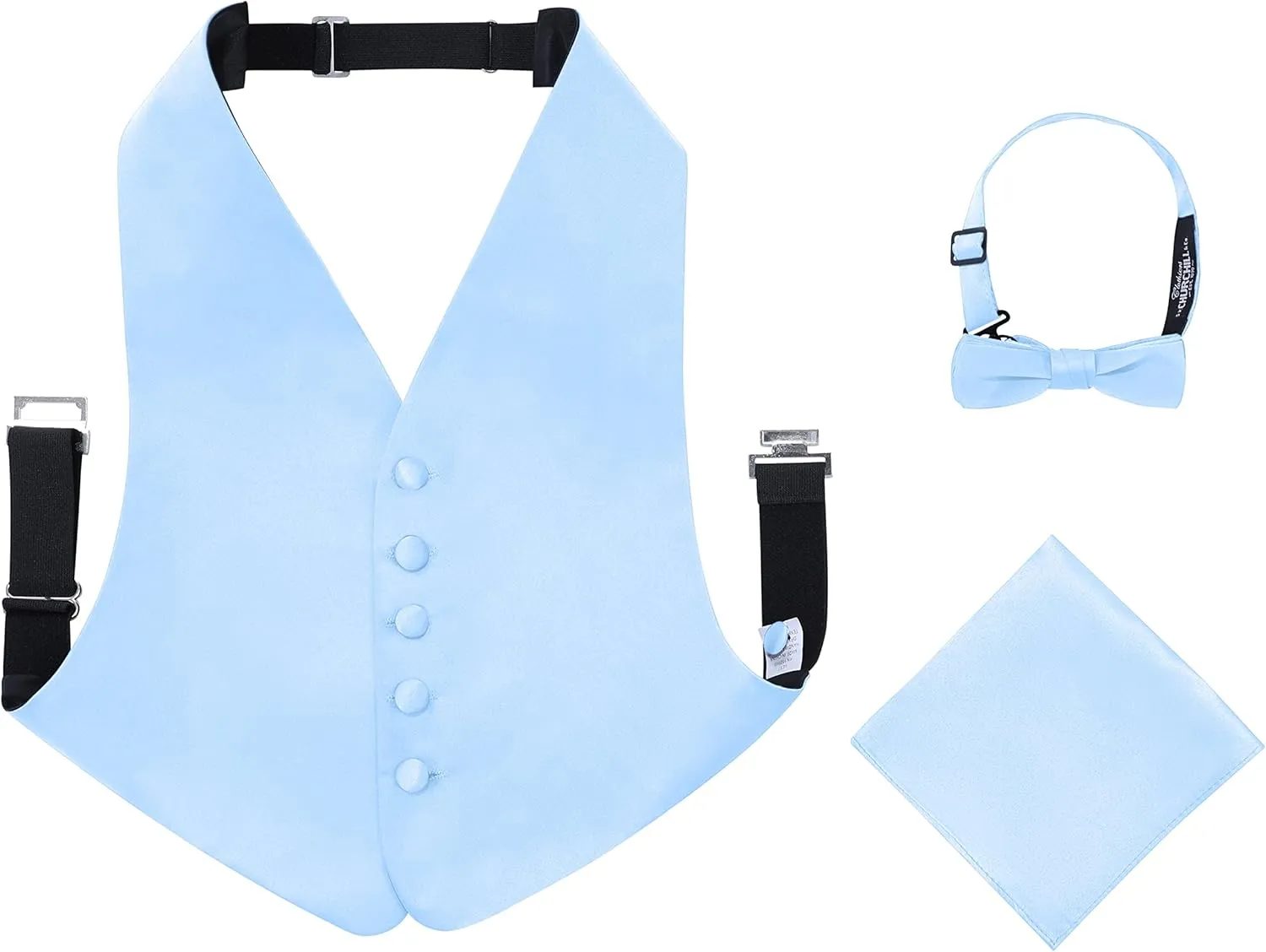 S.H. Churchill & Co. Boys 3 Piece Backless Formal Vest Set  Includes Vest, Bow Tie, Pocket Square for Tuxedo or Suit