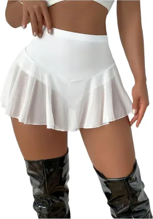 SHENHE Women's Sheer Mesh Skater Skort High Waisted Sexy Flowy Mini Skirt Shorts Skort
