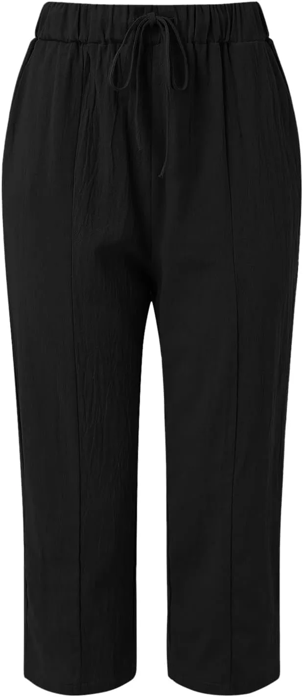 Striped Capri Pants for Women Linen Lightweight Spring Summer 2025 Drawstring Elastic Waist Pinstripe Cropped Trouser