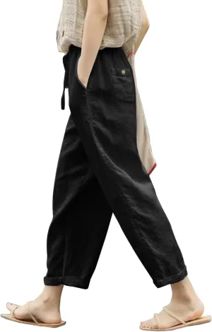 Striped Capri Pants for Women Linen Lightweight Spring Summer 2025 Drawstring Elastic Waist Pinstripe Cropped Trouser