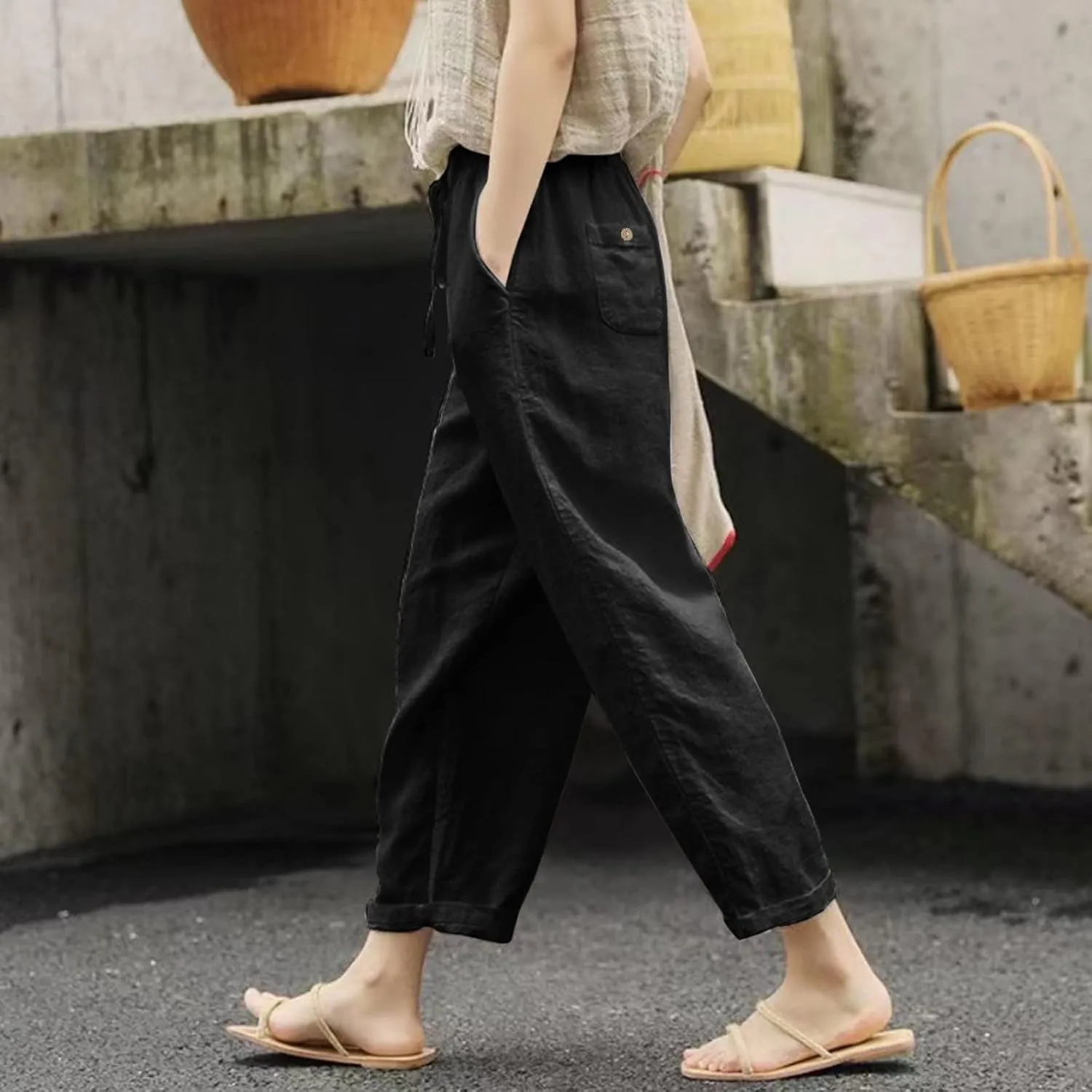 Striped Capri Pants for Women Linen Lightweight Spring Summer 2025 Drawstring Elastic Waist Pinstripe Cropped Trouser