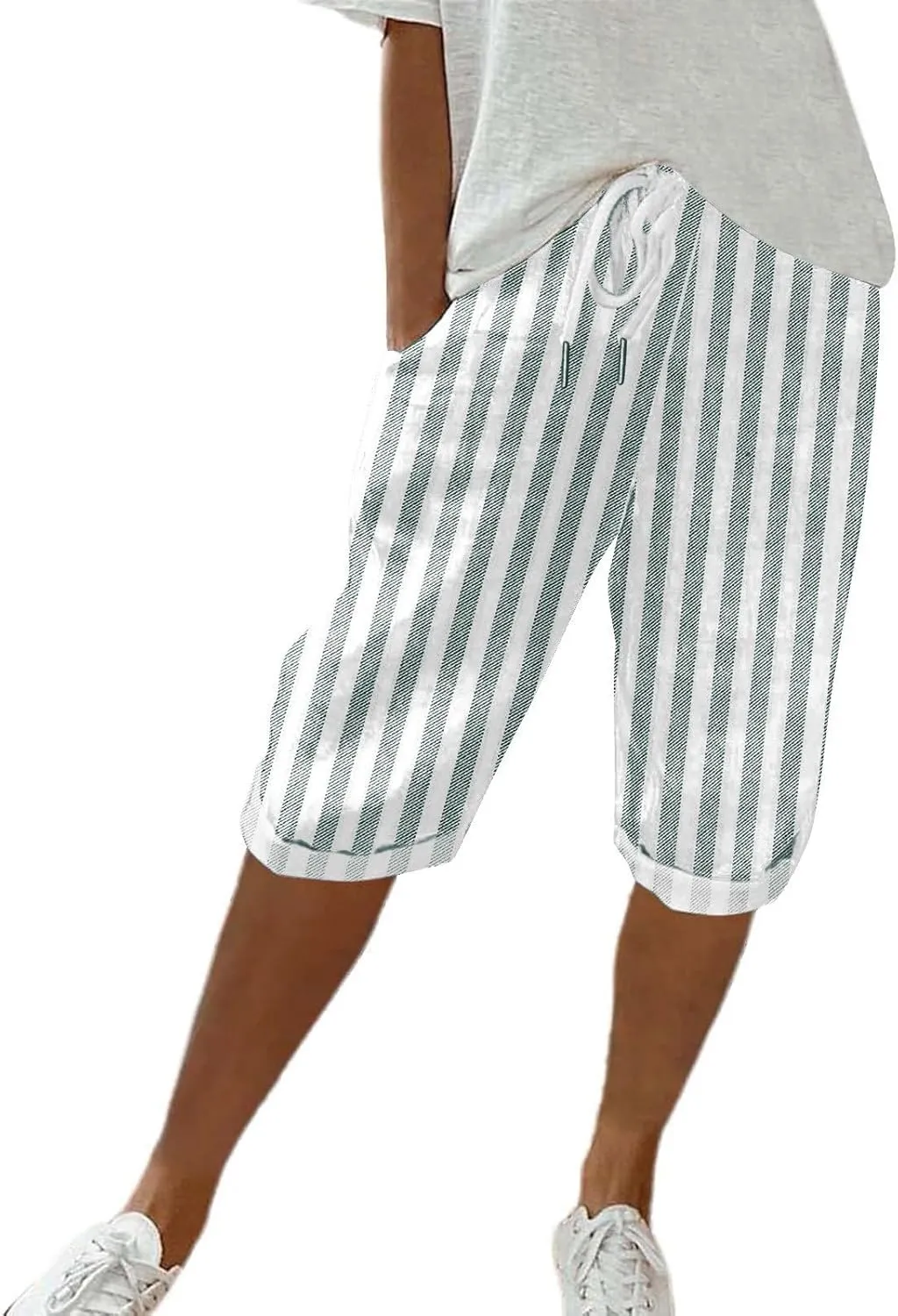Striped Capri Women Linen Pants Cropped Lightweight Summer Elastic Waist Pocket for Women 2025 Loose Pinstripe Pants
