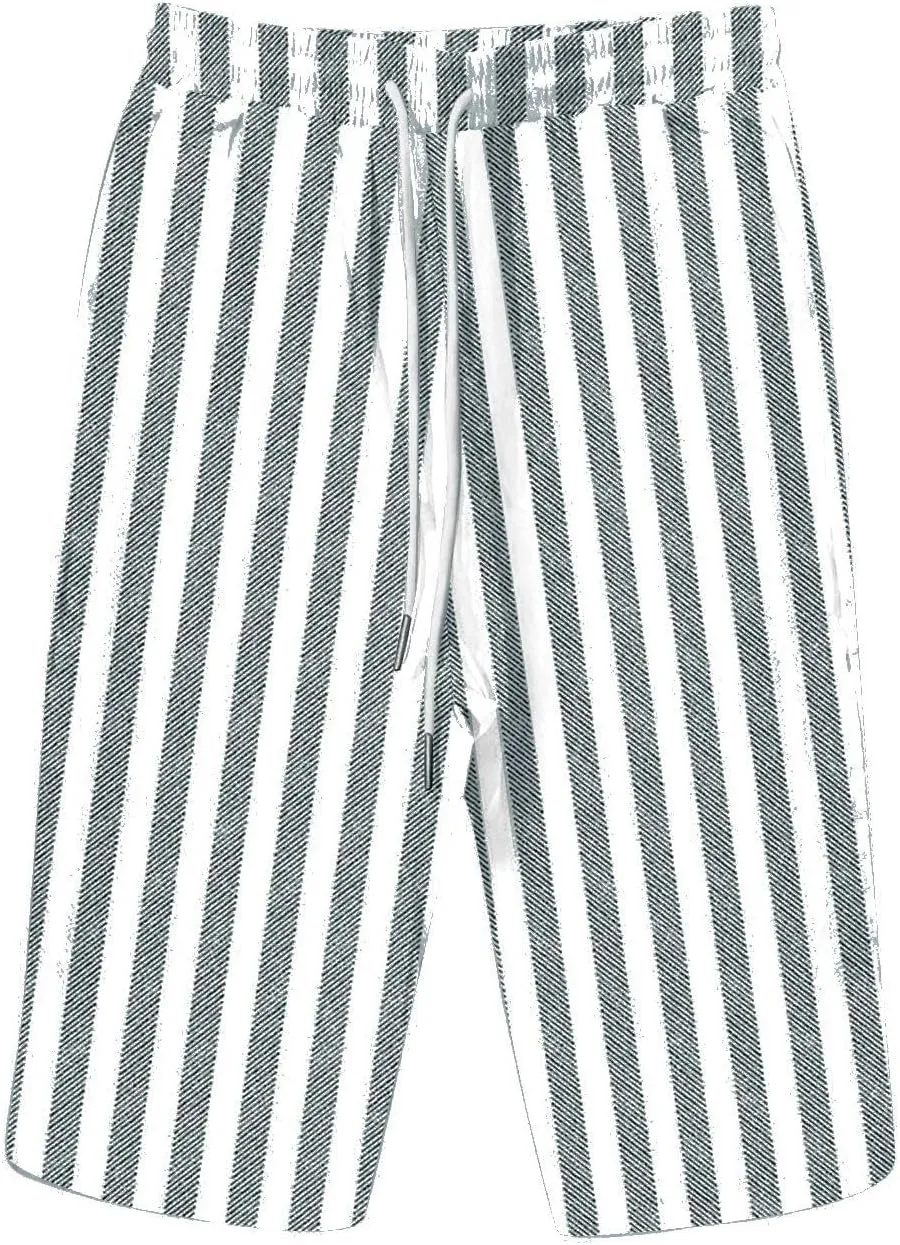 Striped Capri Women Linen Pants Cropped Lightweight Summer Elastic Waist Pocket for Women 2025 Loose Pinstripe Pants