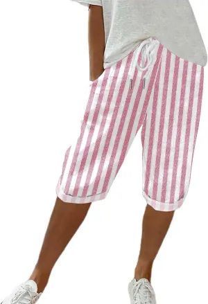 Striped Capri Women Linen Pants Cropped Lightweight Summer Elastic Waist Pocket for Women 2025 Loose Pinstripe Pants