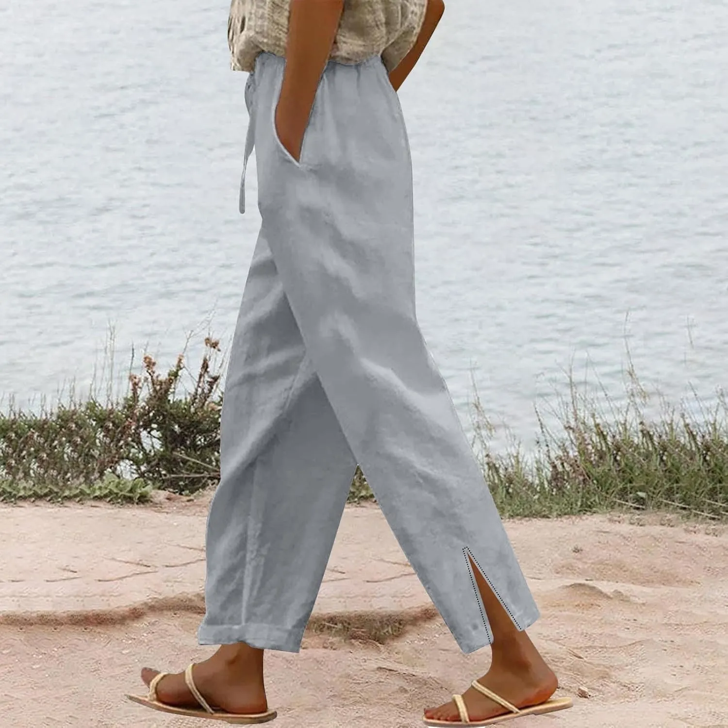 Striped Linen Pants for Women Linen Capri Lightweight Summer Beach Trousers for Women 2025 Ladies Pinstripe Pants
