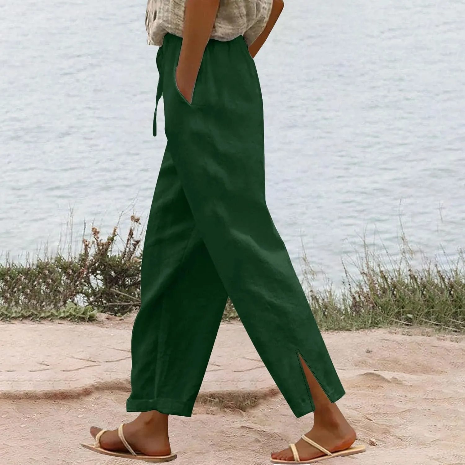 Striped Linen Pants for Women Linen Capri Lightweight Summer Beach Trousers for Women 2025 Ladies Pinstripe Pants