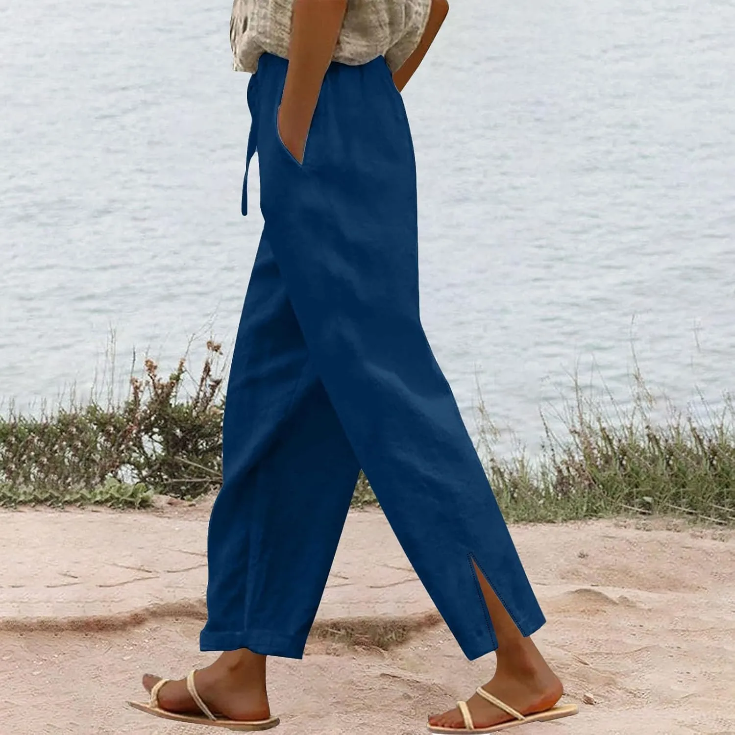 Striped Linen Pants for Women Linen Capri Lightweight Summer Beach Trousers for Women 2025 Ladies Pinstripe Pants