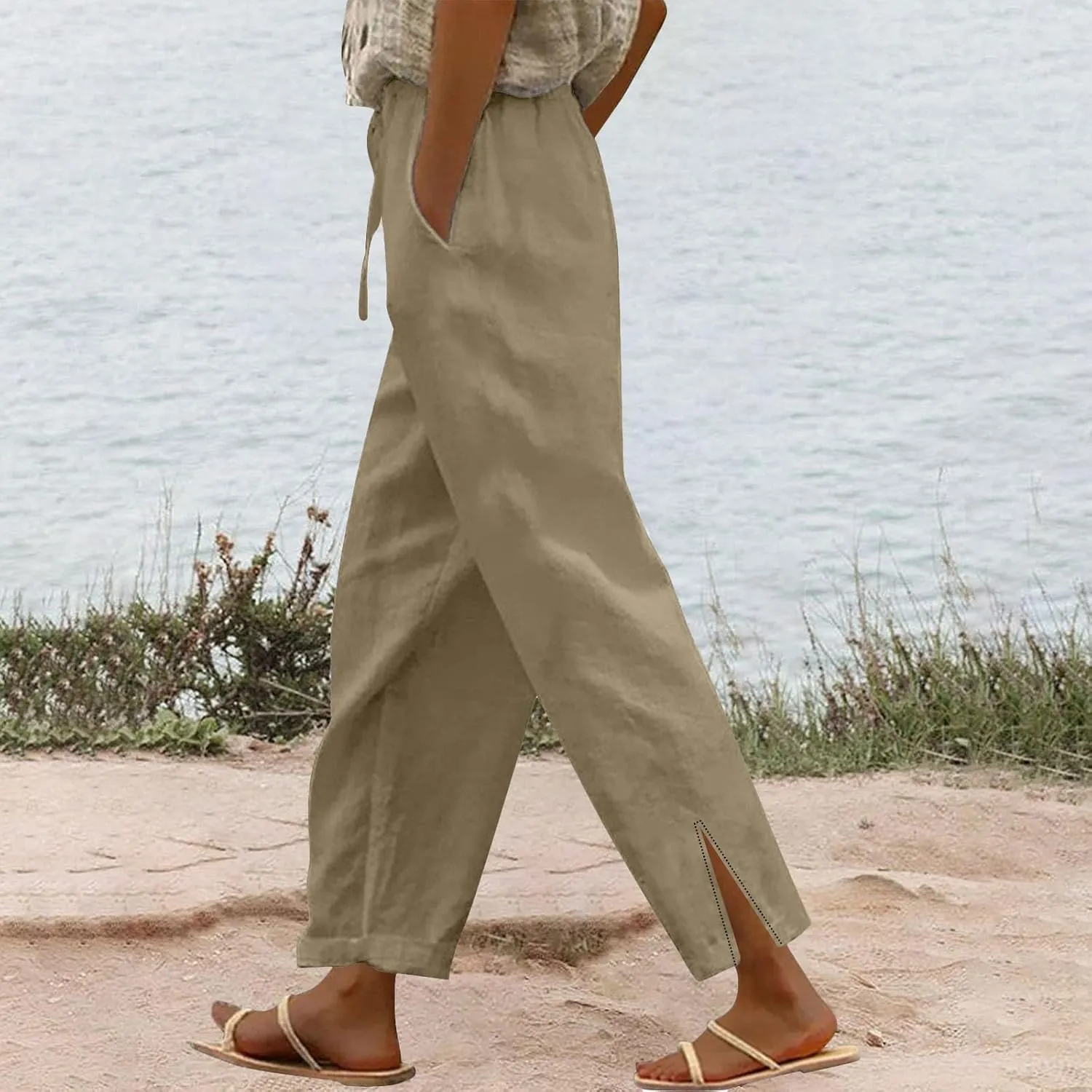 Striped Linen Pants for Women Linen Capri Lightweight Summer Beach Trousers for Women 2025 Ladies Pinstripe Pants